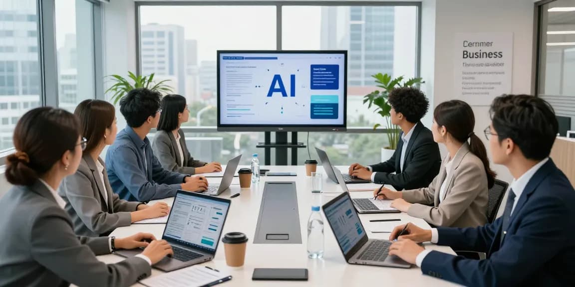 Team collaborating in a modern office, exploring AI for business strategies and analytics in an engaging meeting.