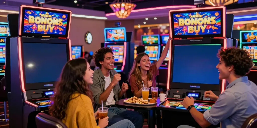 Friends enjoying Bonus Buy slots at https://stargazyinn.co.uk, showcasing vibrant casino environment.