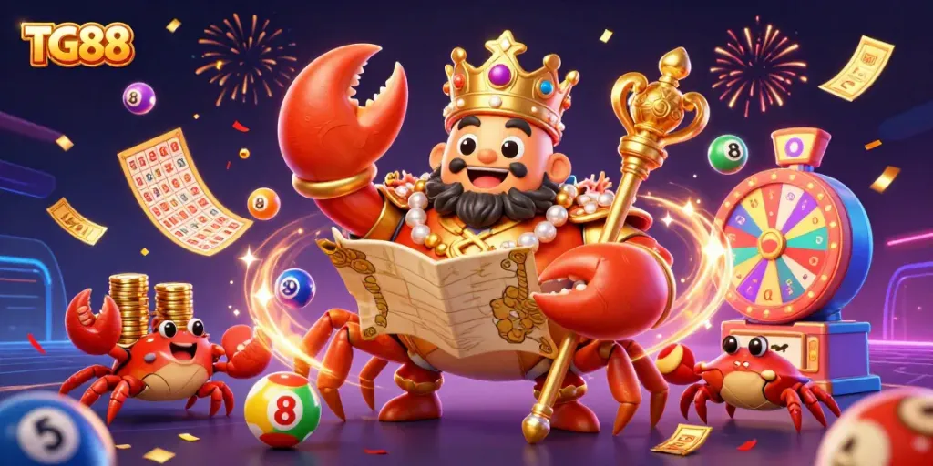 Experience the thrill of winning at TG88 with vibrant gaming elements and a majestic crab emperor.