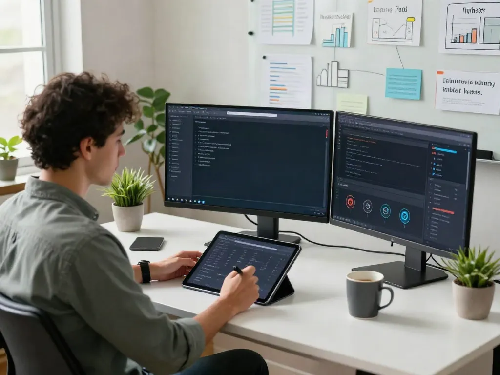Digital marketing workspace focusing on instant indexing strategies with multiple monitors and a content strategist.