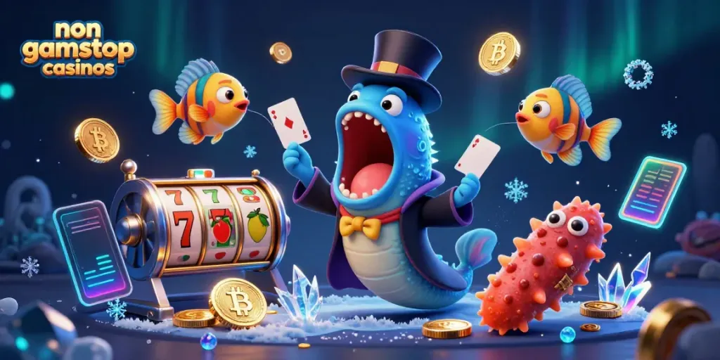 Engage with exciting non gamstop casinos through a vibrant 3D cartoon illustration featuring colorful characters and slot game elements.