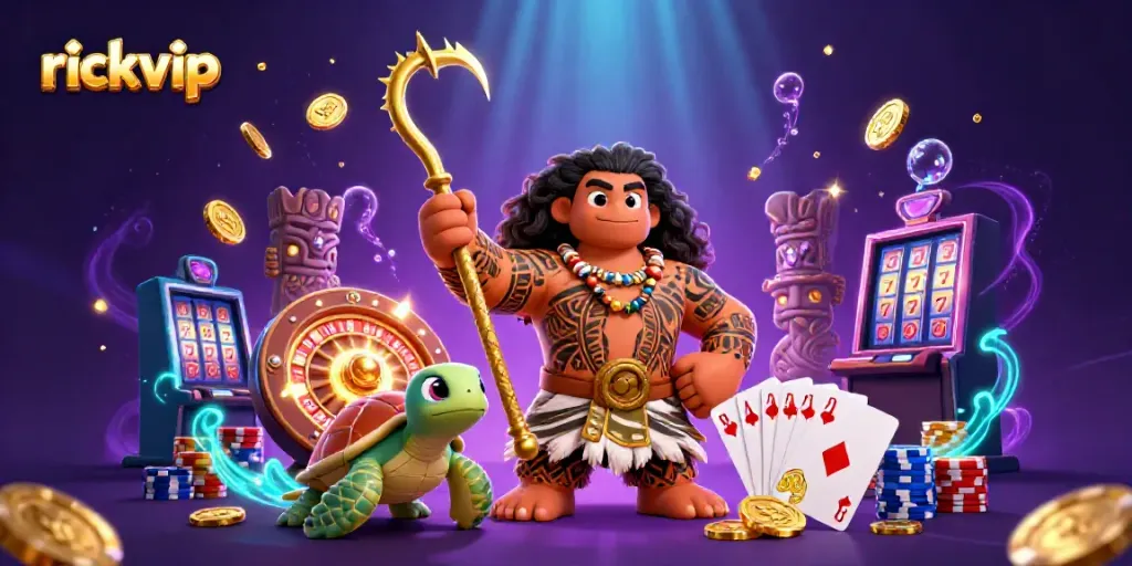 Play games and win jackpots at rickvip with colorful casino elements in this vibrant illustration.