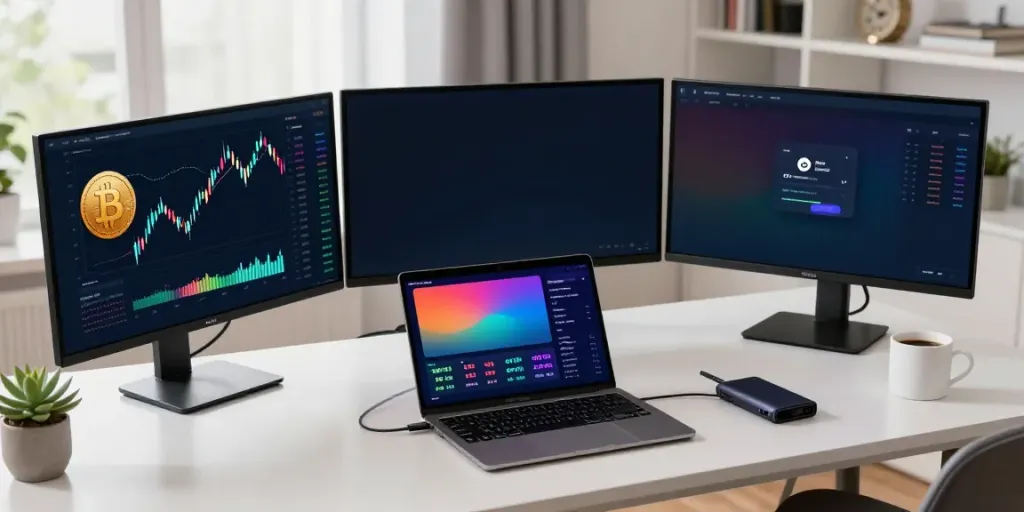 Engaging workspace showing English Kick stream integration with cryptocurrency trading, highlighting monitors with Bitcoin charts and a digital wallet.