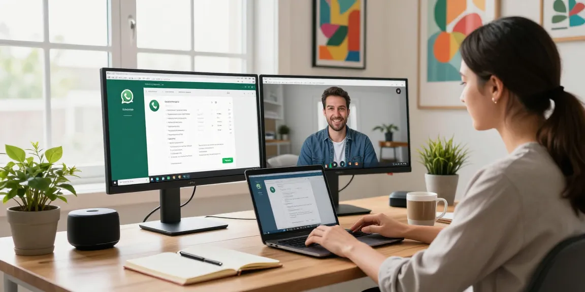 Engaged user on WhatsApp電腦版 in a modern home office, highlighting productivity and technology.