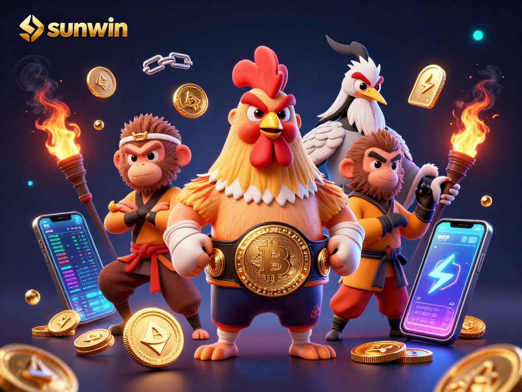 Win big with sunwin in this vibrant illustration showcasing 3D cartoon characters in a dynamic casino scene