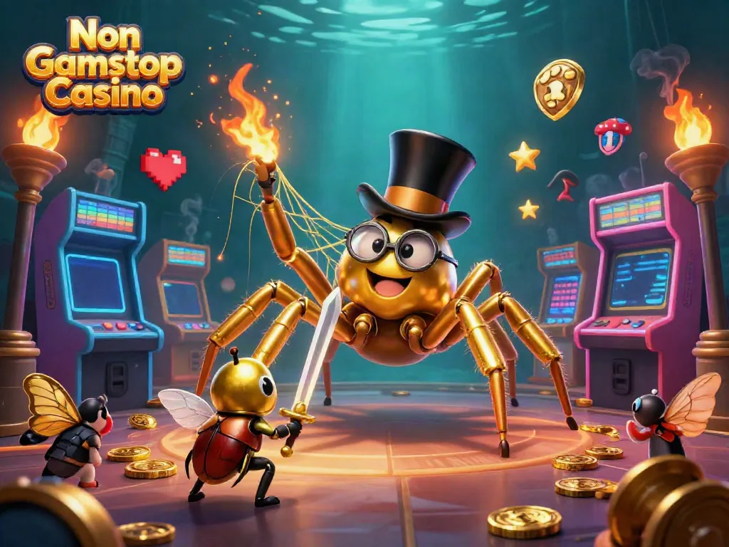 Exciting scene of a Non Gamstop Casino with a golden tarantula and a beetle knight, vibrant and dynamic.