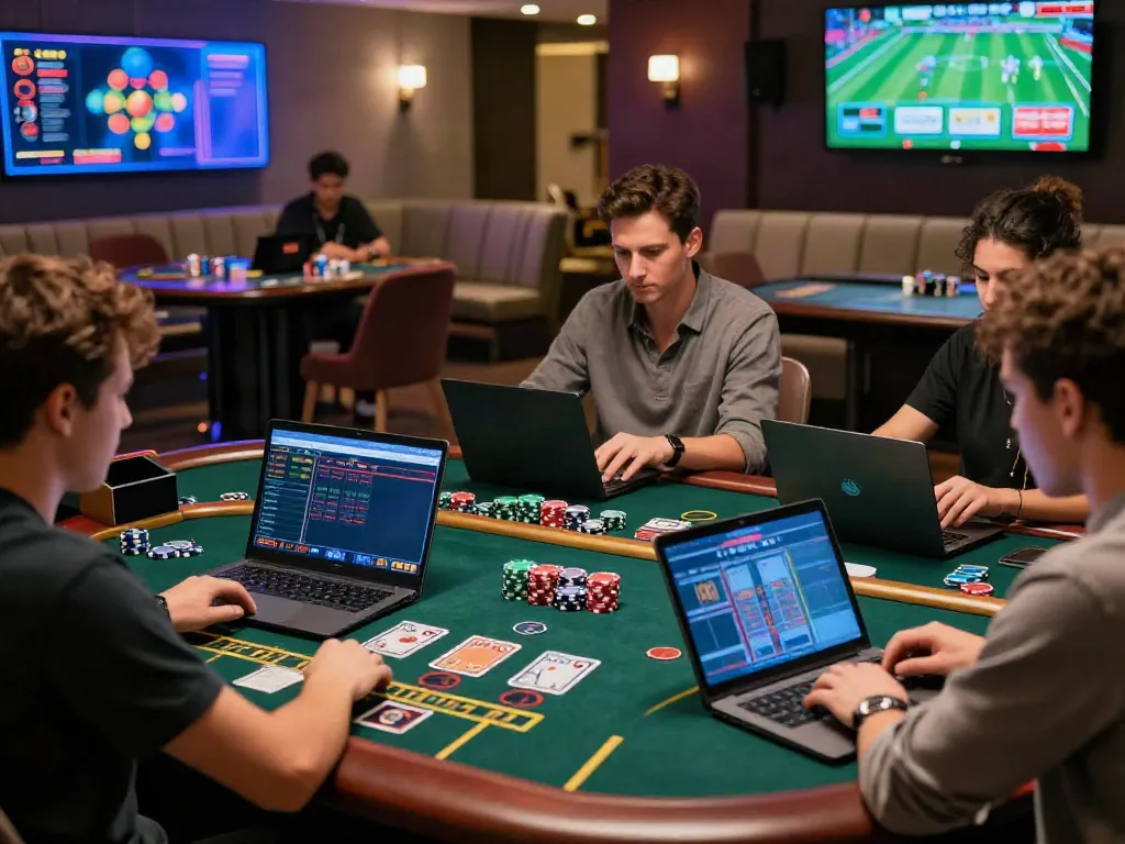 Online casinos that accept credit card players enjoying a live dealer game with vibrant screens in a modern gaming room.
