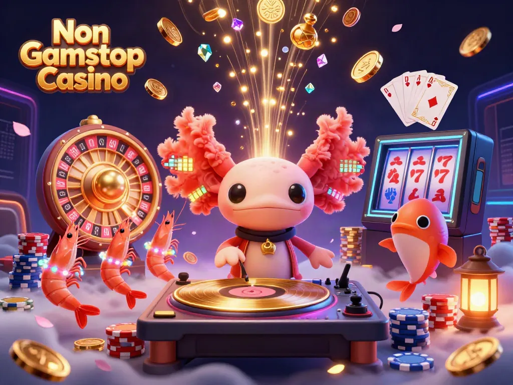Engaging 3D scene of Non Gamstop Casino with a vibrant axolotl DJ, shimmering coins, and dynamic game elements.