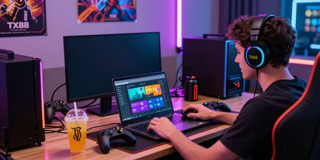 Player enjoying the TX 88 online gaming experience with accessories and vibrant lighting.