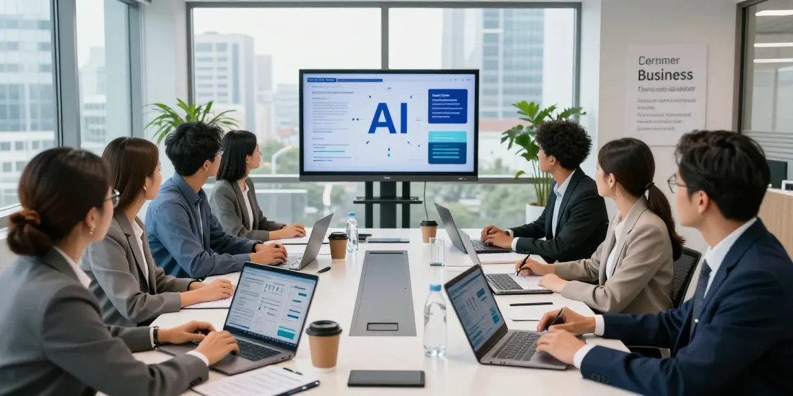 Team collaborating in a modern office, exploring AI for business strategies and analytics in an engaging meeting.