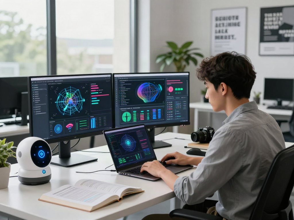 AI engineer programming with spicy AI applications in a modern workspace.