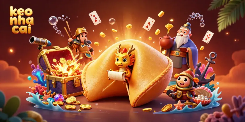 Experience the excitement of keo nha cai with a vibrant 3D scene of golden fortune cookies and dragon guardians.