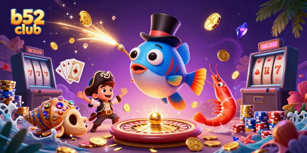 Join the fun at b52 club with colorful characters and exciting casino game elements in a vibrant underwater scene.