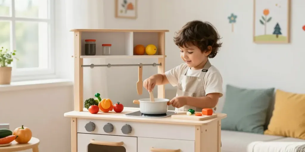 Young child enjoying playtime at a wooden kitchen set, surrounded by colourful accessories.