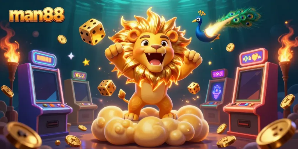 The man88 online casino showcases vibrant 3D elements with a sun lion, golden dice, and dynamic slot machines.