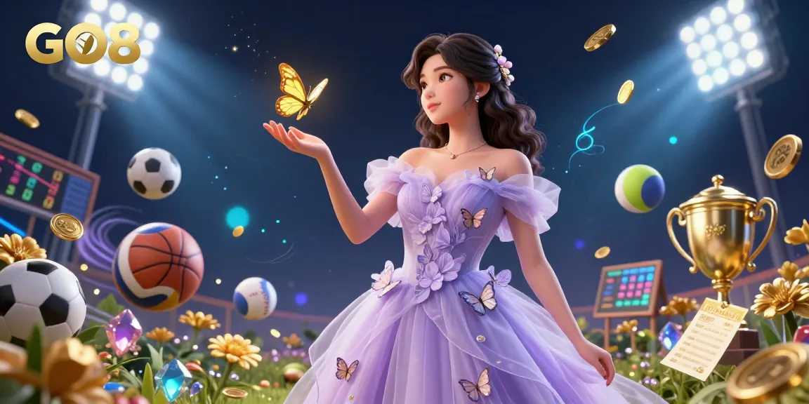 Engage with GO8's vibrant gaming scene featuring a stunning female character and dynamic sports elements.