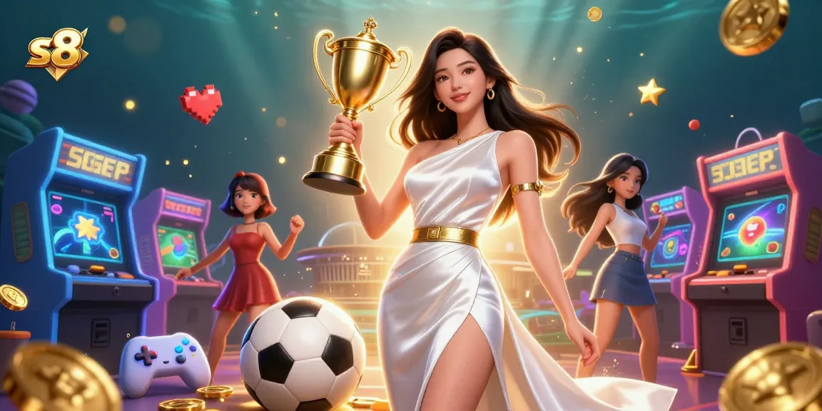 Win big with s8 in this vibrant casino scene featuring sports betting elements and a triumphant trophy holder.