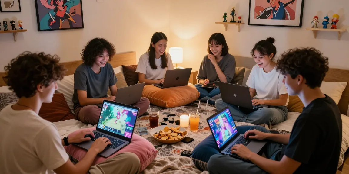 Engaging scene of friends playing an online hentai game in a cozy bedroom.