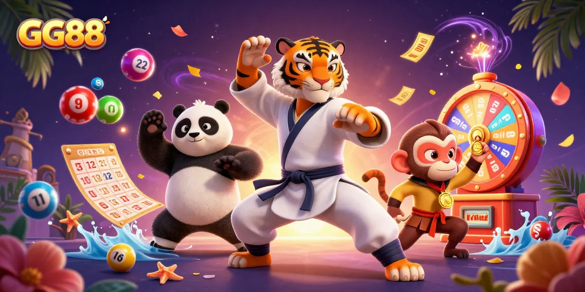 Engage with GG88's lively scene featuring a kung fu tiger master and fun gaming elements.