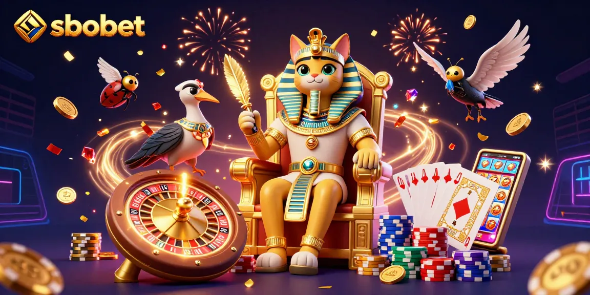 Sbobet casino scene featuring a pharaoh cat amidst golden coins and gems, emphasizing vibrant gambling action.