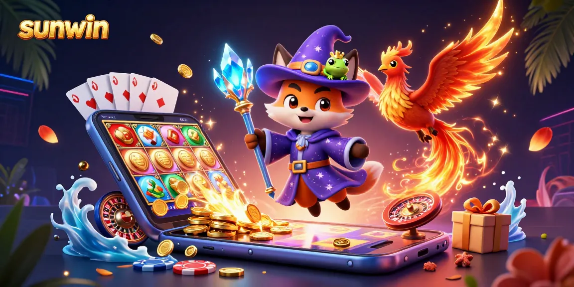 Experience the excitement of sunwin with a 3D cartoon illustration showcasing vibrant casino games.